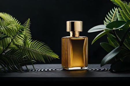 black floral perfume advertising template, dark and gold fragrance bottle mockupの素材