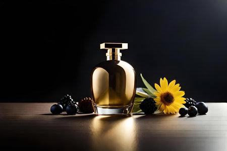 black floral perfume advertising template, dark and gold fragrance bottle mockupの素材