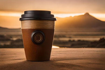 african coffee branding , a terracotta cup of coffee in an african landscapeの素材