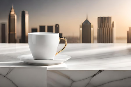 classy white marble coffee branding concept , expensive and elegant coffee advertising , coffee mug in marble backgroundの素材