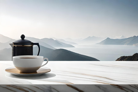 classy white marble coffee branding concept , expensive and elegant coffee advertising , coffee mug in marble backgroundの素材