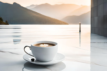 classy white marble coffee branding concept , expensive and elegant coffee advertising , coffee mug in marble backgroundの素材