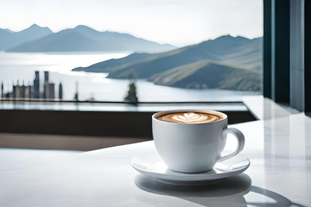 classy white marble coffee branding concept , expensive and elegant coffee advertising , coffee mug in marble backgroundの素材
