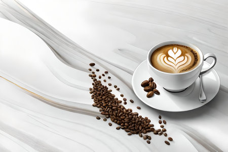 classy white marble coffee branding concept , expensive and elegant coffee advertising , coffee mug in marble backgroundの素材