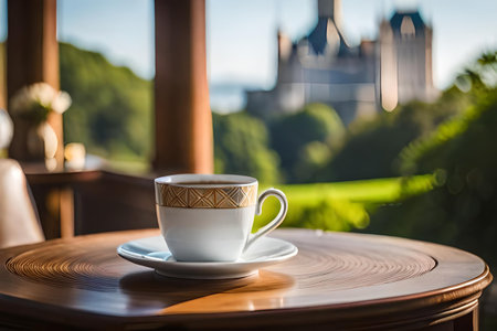 coffee cup in a french castle and garden background , classy coffee brandingの素材