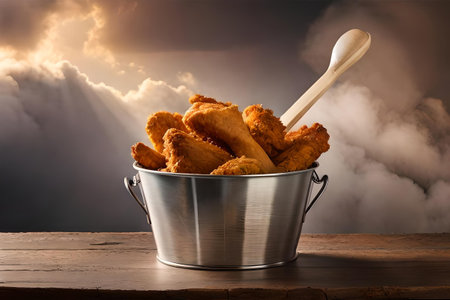delicious crunchy hot fried chivken wings in a bucket , wooden background , fastfood advertisingの素材