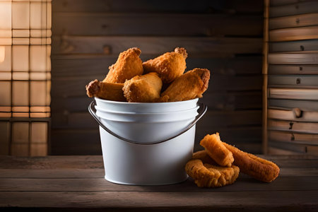 delicious crunchy hot fried chivken wings in a bucket , wooden background , fastfood advertisingの素材