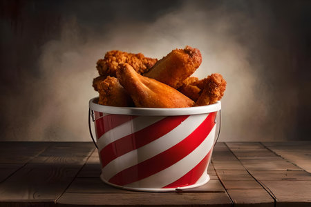 delicious crunchy hot fried chivken wings in a bucket , wooden background , fastfood advertisingの素材