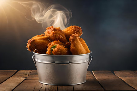 delicious crunchy hot fried chivken wings in a bucket , wooden background , fastfood advertisingの素材