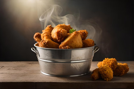delicious crunchy hot fried chivken wings in a bucket , wooden background , fastfood advertisingの素材