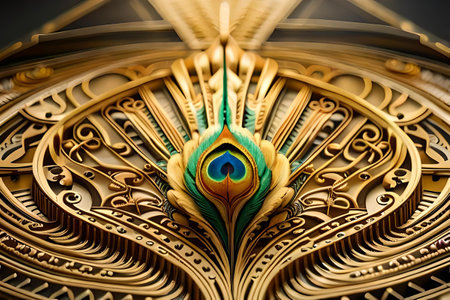 abstract 3d golden psychedelic ornament inspired by peacock featherの素材