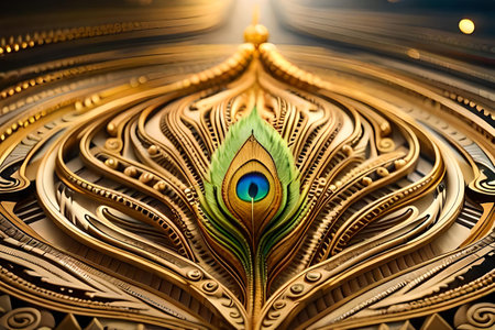 abstract 3d golden psychedelic ornament inspired by peacock featherの素材
