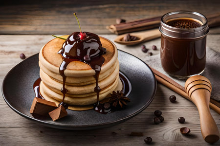 a plate of pancakes poured with chocolate sauceの素材