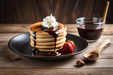a plate of pancakes poured with chocolate sauceの素材