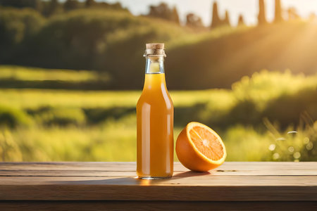 advertising template for orange juice branding , fresh juice in glass bottleの素材