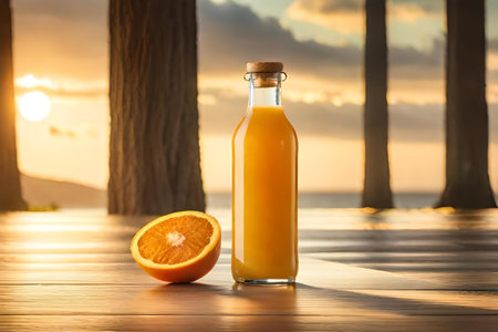 advertising template for orange juice branding , fresh juice in glass bottleの素材