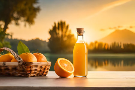 advertising template for orange juice branding , fresh juice in glass bottleの素材