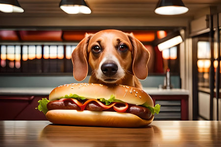 Dachshund dog with a hamburger on a wooden tableの素材