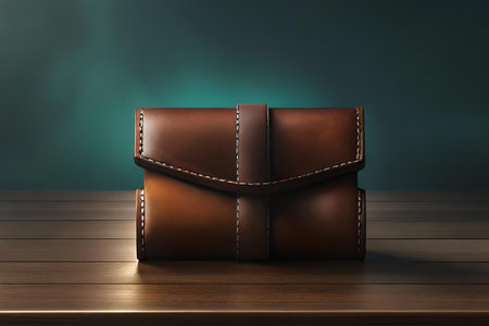 trendy leather card and passport holder on a wooden surface , leather craft product presentationの素材
