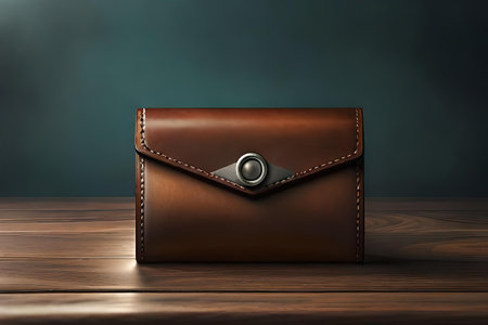 trendy leather card and passport holder on a wooden surface , leather craft product presentationの素材