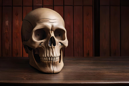 human skull on a wooden table , vanity skullの素材