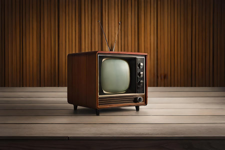 vintage TV in a wooden room , retro and old fashion televisionの素材
