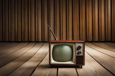vintage TV in a wooden room , retro and old fashion televisionの素材