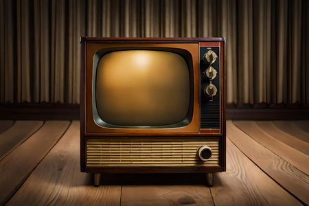 vintage TV in a wooden room , retro and old fashion televisionの素材