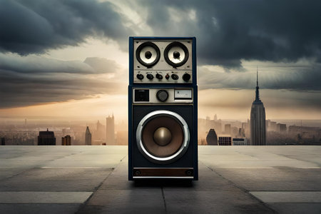 a cool retro radio speaker from the 90's or 80's . ghetto blaster sound system speakerの素材