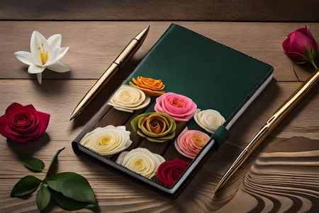 a vintage notebook on wooden surfaceの素材