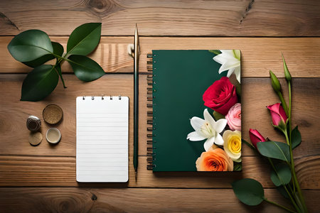 a vintage notebook on wooden surfaceの素材