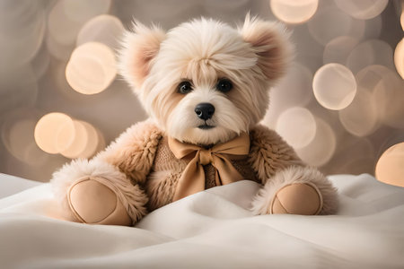 sweet and fluffy cute plush toy animal on a white bedsheetの素材