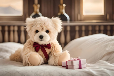 sweet and fluffy cute plush toy animal on a white bedsheetの素材