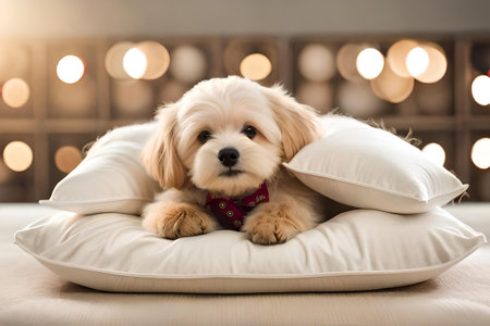 sweet and fluffy cute plush toy animal on a white bedsheetの素材