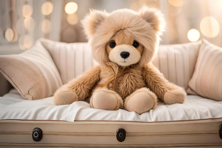 sweet and fluffy cute plush toy animal on a white bedsheetの素材