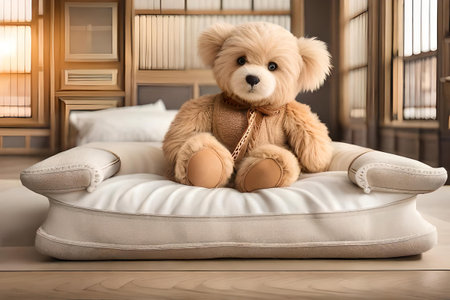sweet and fluffy cute plush toy animal on a white bedsheetの素材
