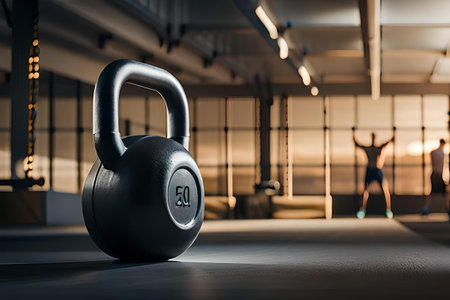dumbell and kettlebell on a gym floorの素材