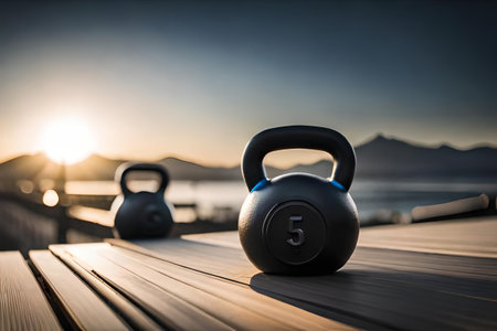 dumbell and kettlebell on a gym floorの素材