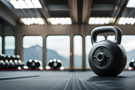 dumbell and kettlebell on a gym floorの素材