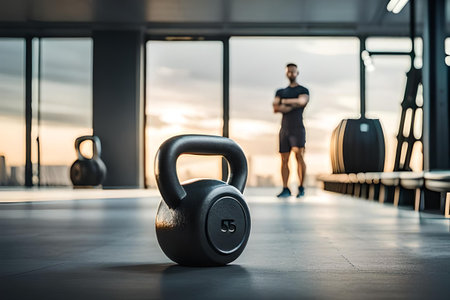 dumbell and kettlebell on a gym floorの素材