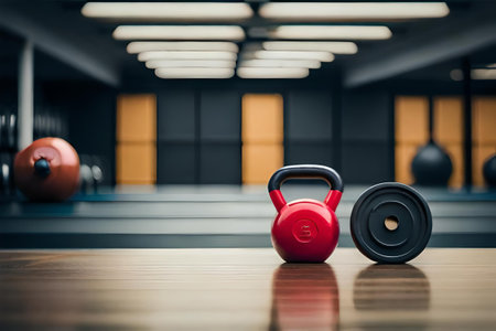 dumbell and kettlebell on a gym floorの素材