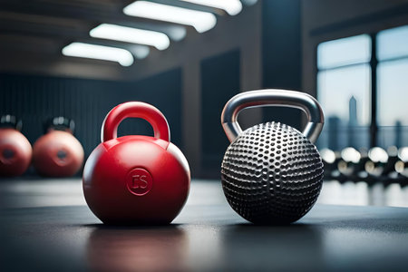 dumbell and kettlebell on a gym floorの素材