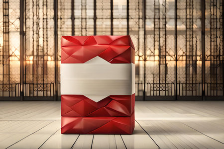 Red gift box with ribbon on wooden floor. 3D Renderingの素材