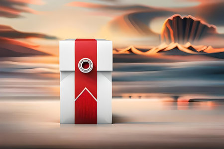 3d rendering of a white box with a red arrow on a sunset backgroundの素材