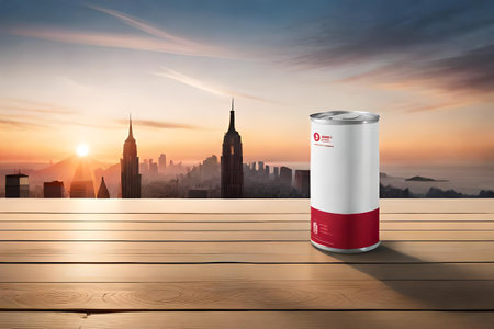 Aluminum can on wooden table with city skyline background. 3D renderingの素材