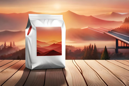 Blank package for food on wooden table against mountain landscape at sunriseの素材
