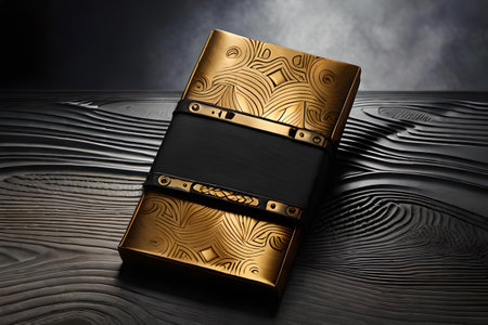 Luxury black packaging with golden label.の素材