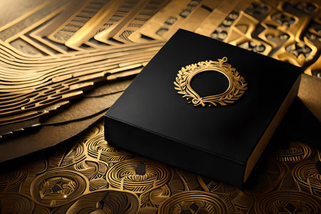 Luxury black packaging with golden label.の素材