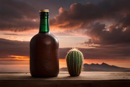 Bottle of mexican liquor with cactus. mexican mescal is a brand of alcoholic beverage, produced in Mexico and widely distributed throughout the world. green and pink brandingの素材