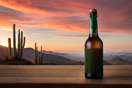 Bottle of mexican liquor with cactus. mexican mescal is a brand of alcoholic beverage, produced in Mexico and widely distributed throughout the world. green and pink brandingの素材